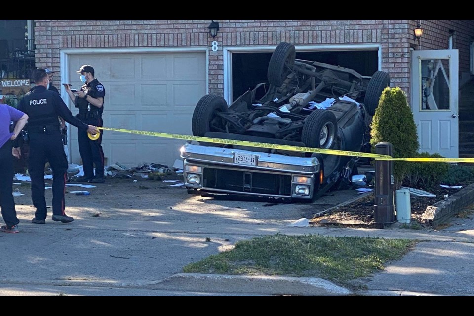 A crash in the area of Leacock Drive and Browning Trail left this vehicle on its roof around the dinner hour on Sunday. 