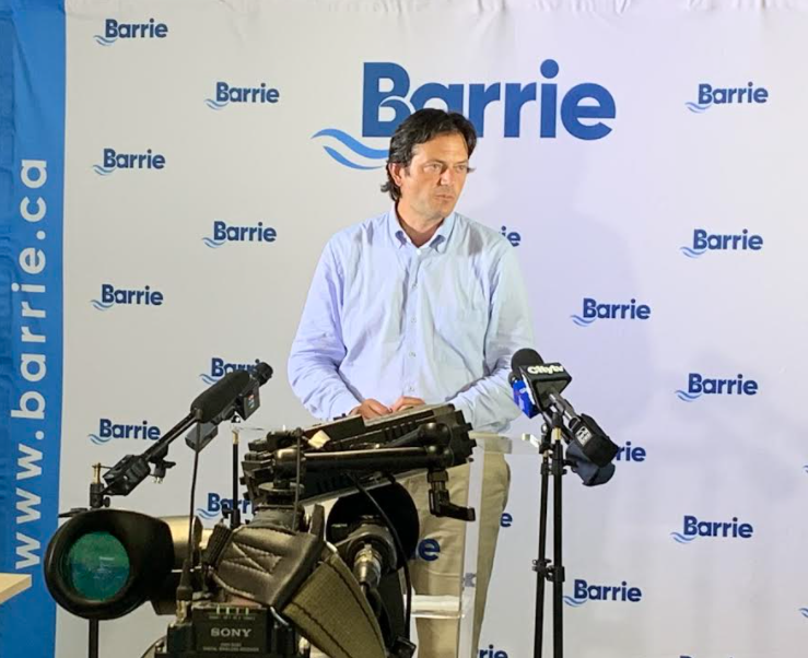 Barrie Mayor Jeff Lehman speaks to reporters during a news conference Thursday evening at the water treatment plant on Royal Parkside Drive, not far from where a tornado touched down earlier in the afternoon in Barrie's south end. 