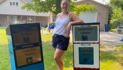 Crystal Enright has repurposed two old magazine racks into a Little Free Library and Pantry