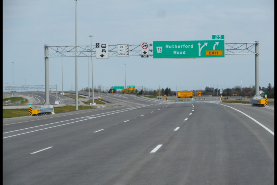 The Highway 427 northbound lanes of the extension section approaching the Rutherford interchange are shown in a file photo.