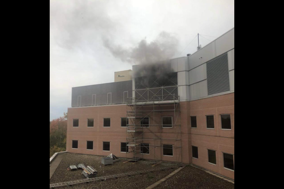 Smoke billows from a generator room at Royal Victoria Regional Health Centre on Friday morning. 
