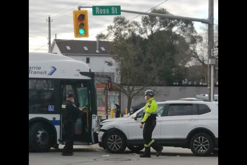 One person has been taken to local hospital with what police say are minor injuries following a crash between an SUV and a City of Barrie bus this morning. 