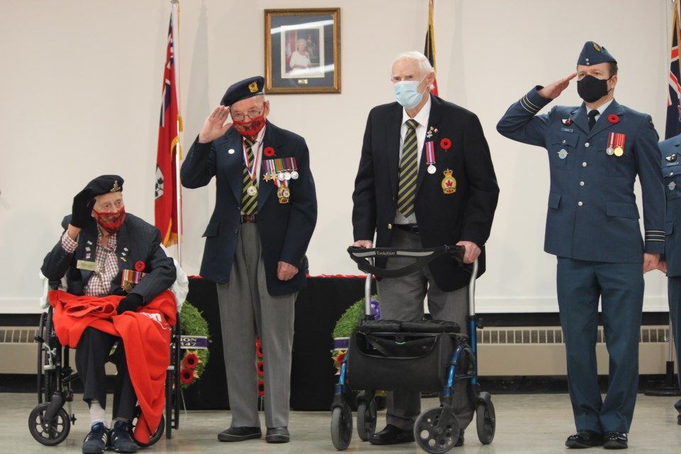 Royal Canadian Legion Branch 147 in Barrie hosted its Remembrance Day ceremony on Thursday, Nov. 11, 2021. From left are veterans Will Dwyer, Bill Snow and Allan Johnston along with Royal Canadian Air Force Lieut.-Col. Trevor Cadeau.