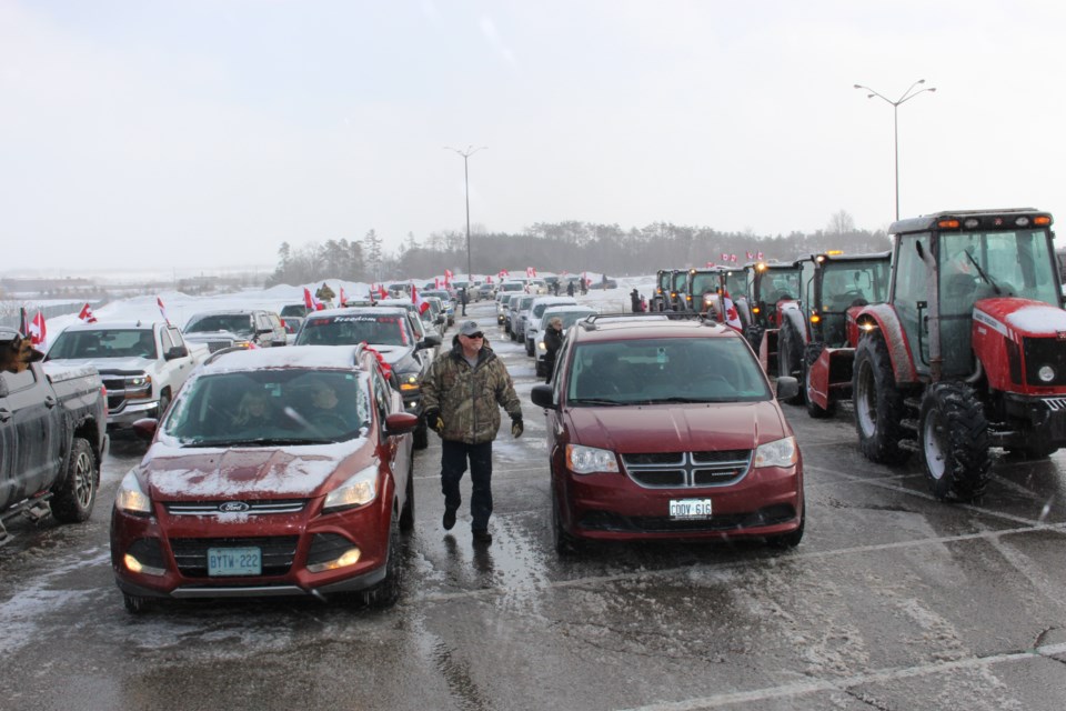 Vehicles began lining up around 10:30 a.m. on Saturday, Feb. 12 for the Support Freedom Convoy Barrie, which made its way around the city for the third weekend in a row.  