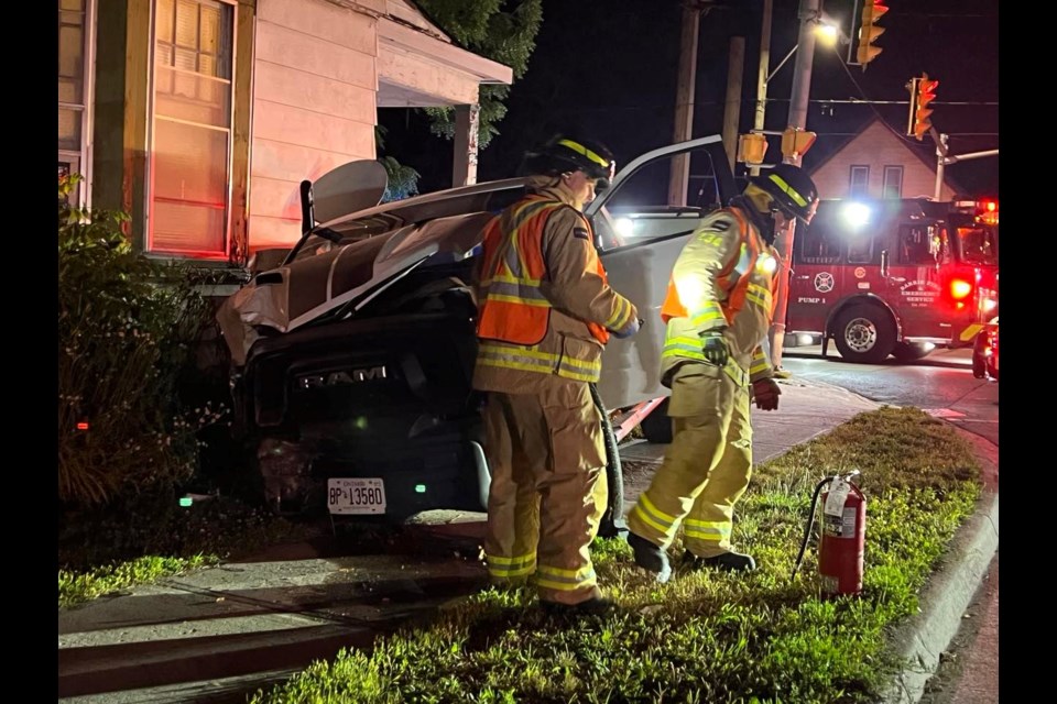 A truck crashed near a home at the corner of Anne Street and Essa Road late on Wednesday, June 29, 2022.