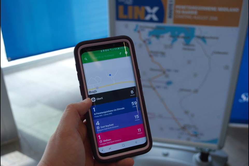 Riders can download the app Transit which shows real-time information on the LINX service, as well as on the service in the municipality they'll be travelling to, and Uber. Jessica Owen/BarrieToday