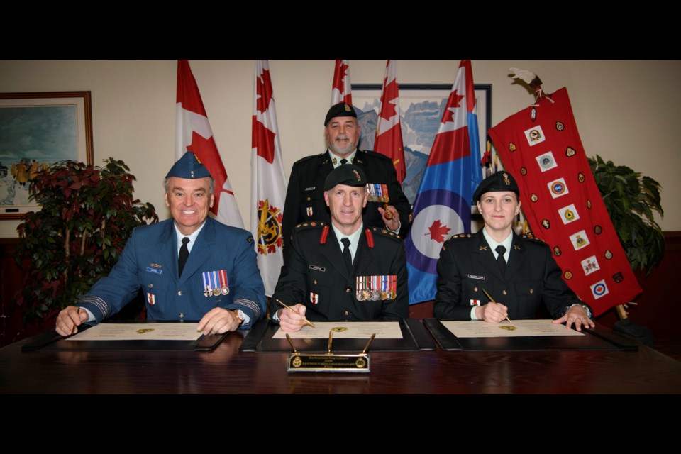 Change of appointment ceremony for the CFB Borden Honorary Colonel took place on Jan. 16, 2019. Hon.-Col Jamie Massie (left) relinquished his appointment to Hon.-Col. Jennifer Armstrong-Lehman (right). CFB Borden commander Col. Andrew Atherton (back) presided over the ceremony. Contributed image (Avr. Caitlin Paterson)