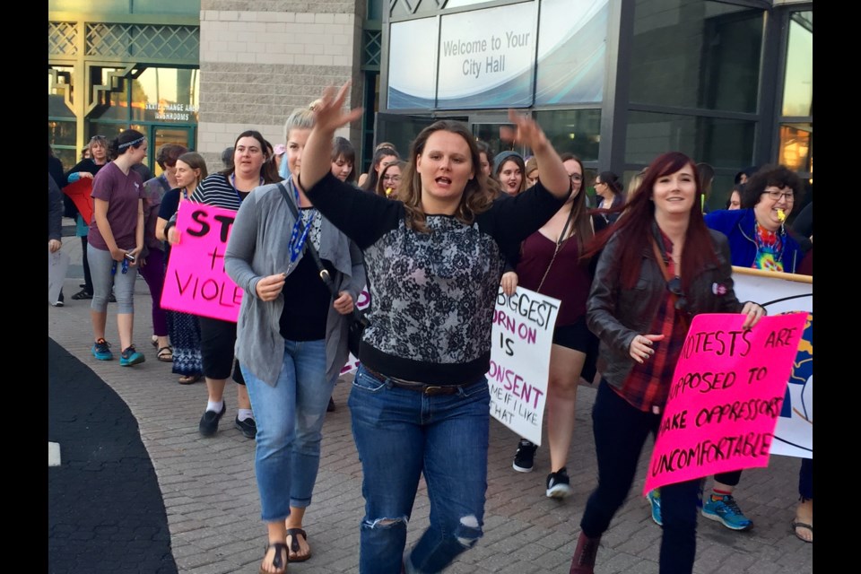 About 200 people participated in the 17th annual Take Back the Night rally and march in downtown Barrie on Thursday.
Robin MacLennan/BarrieToday