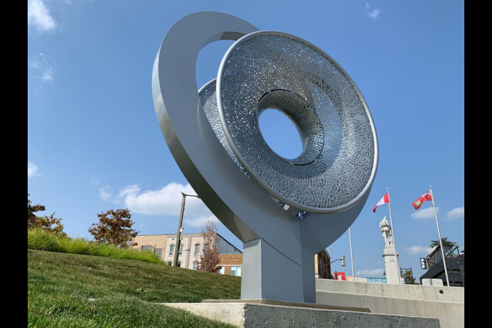 The Horn and The Heart sculpture was installed Friday, Sept. 25, 2020, at Meridian Place in downtown Barrie. Raymond Bowe/BarrieToday