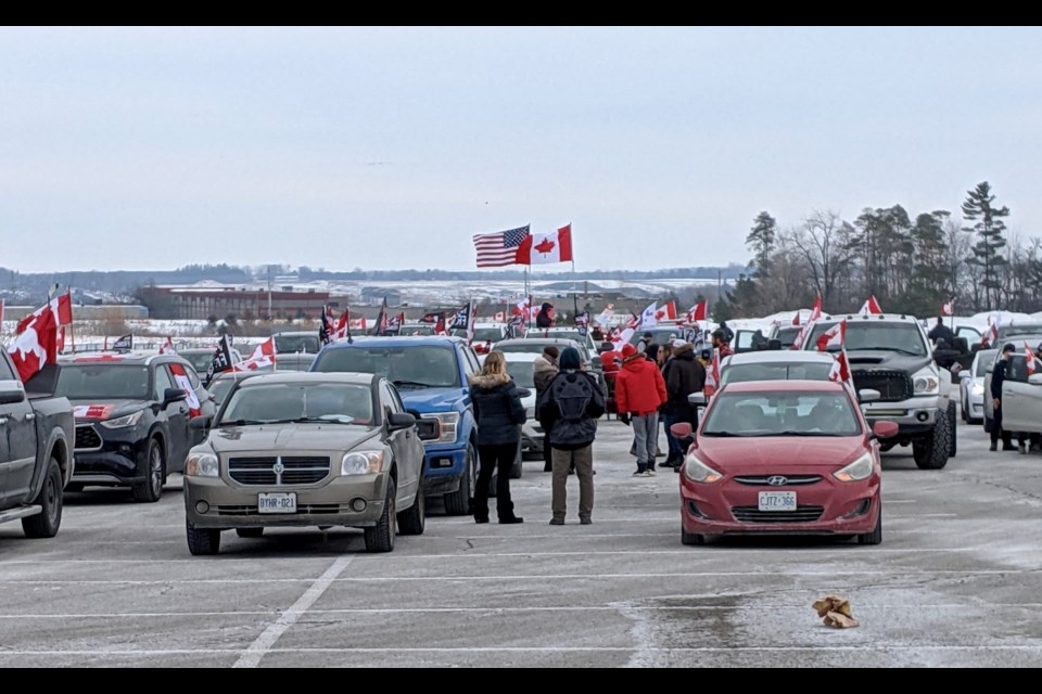 The Ontario Freedom Chain, Barrie-Orillia, assembles in Barrie’s Sadlon Arena parking lot Saturday morning.