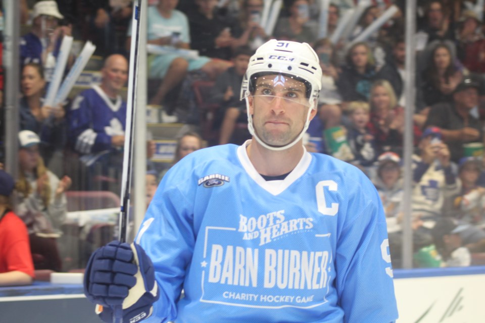 Toronto Maple Leafs captain, John Tavares, takes the ice for the Boots and Hearts Barn Burner charity hockey event, Wednesday, Aug. 19, 2023.