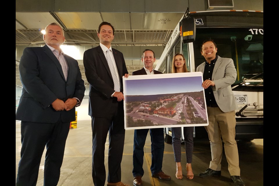 Left to right: Ward 5 councillor Robert Thomson, mayor Jeff Lehman, BSOM MPP Doug Downey, Barrie-Innisfil MPP Andrea Khanjin and Ward 9 councillor Sergio Morales were all on-hand for the huge transit investment from the province, Thursday August 22, 2019. Shawn Gibson/BarrieToday