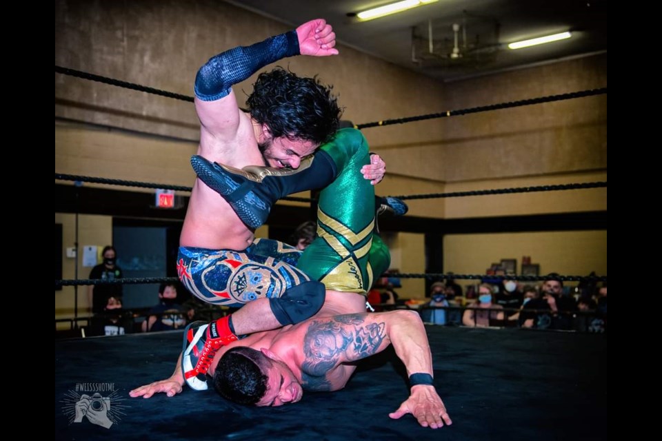 Barrie Wrestling heavyweight champion Gabriel Fuerza shows no mercy to former champ Mark Wheeler. 