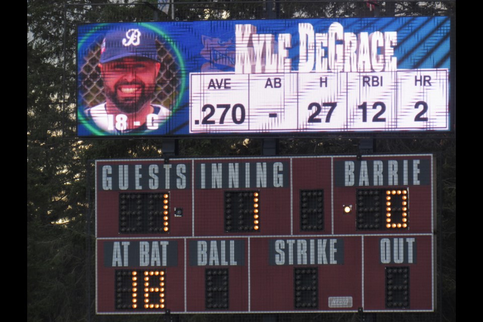 Fans get to see catcher Kyle DeGrace on the big screen the team unveiled at Saturday night's semi-final series opener against Welland. Shawn Gibson/BarrieToday                               