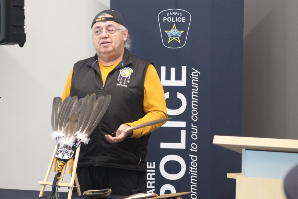 Elder Jeff Monague, former chief of Beausoleil First Nation, performed the smudging ceremony Thursday at the Barrie-Simcoe Emergency Services Campus.