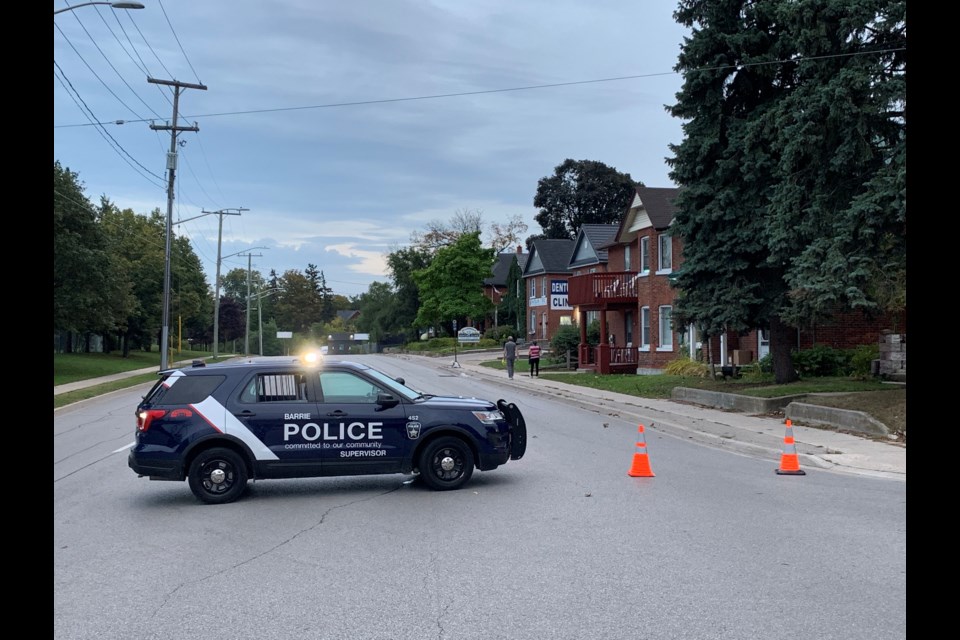 Police closed a section of Bradford Street on Sunday night to investigate a pedestrian-vehicle collision. Raymond Bowe/BarrieToday