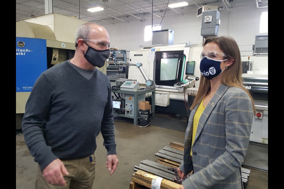Brotech Precision president Jerome Horowitz (left) talks with Barrie-Innisfil MPP Andrea Khanjin about the new skilled trades financial help on the way, Thursday. Shawn Gibson/BarrieToday