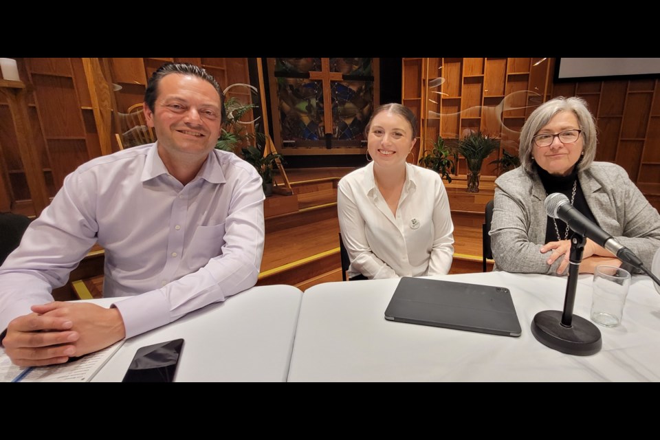 From left are Barrie-Springwater-Oro-Medonte candidates Jeff Lehman (Liberal), Elyse Robinson (Green) and Beverley Patchell (NDP). All three took part on Wednesday night's accountability assembly at Grace United Church.