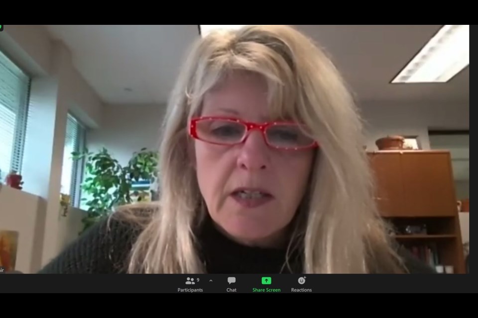 Jane Sinclair speaks with reporters to provide an update on a COVID-19 outbreak at Simcoe Manor in Beeton. Zoom screenshot