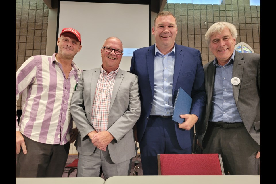 From left are Barrie mayoral candidates Weldon Hachey, Gerry Marshall, Alex Nuttall and Barry Ward as they prepare to take part in the CARP/Engage Barrie candidates forum Saturday.