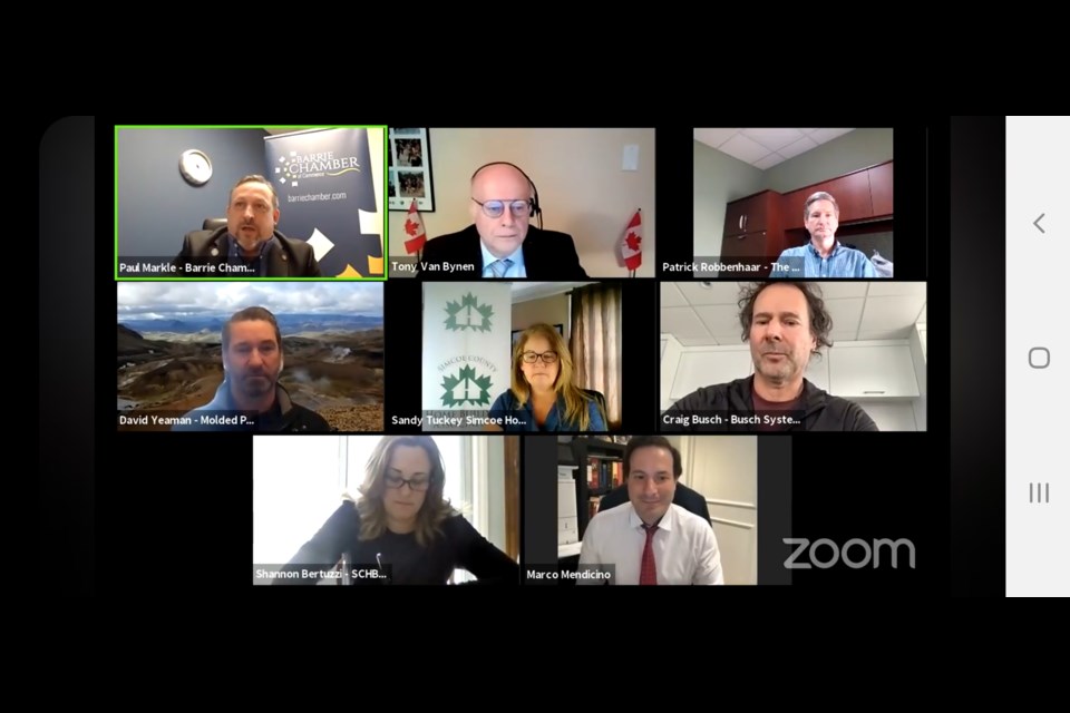Immigration minister Marco Mendicino (bottom right) met recently with representatives from some of the region's big businesses on a Zoom call hosted by the Barrie Chamber of Commerce.