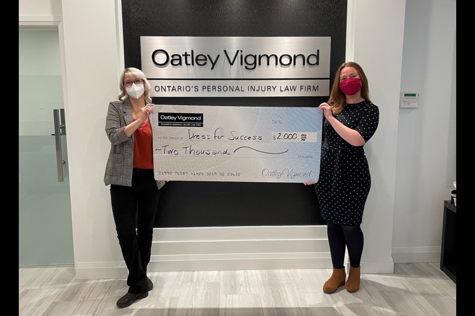 Carolyn Gibson (left), community outreach co-ordinator for Dress for Success Orillia and Barrie, is shown with Lara-Fitzgerald-Husek, a lawyer at Oatley Vigmond LLP. Supplied photo