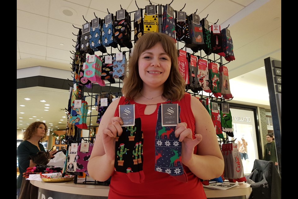 Tamara Gordon is hoping to sell out of socks for the Samaritan House Barrie fundraising campaign. Shawn Gibson/BarrieToday