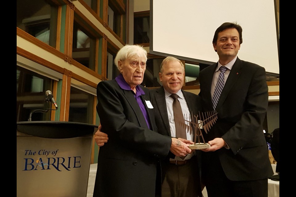 From left, William Dwyer, former OSCA winner Marshall Green and Barrie Mayor Jeff Lehman at the Order of the Spirit Catcher gala on Wednesday night at the Southshore Centre. Shawn Gibson/BarrieToday