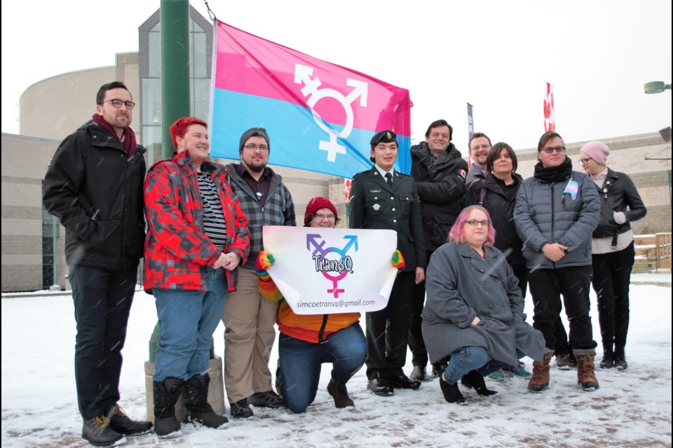 Many people showed their support during the Transgender Day of Remembrance flag raising at Barrie City Hall on Tuesday. Jessica Owen/BarrieToday