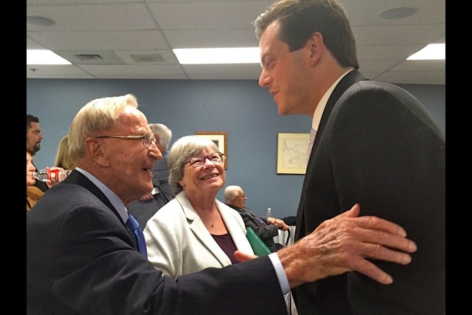 Mayor Lehman gets a warm hello from former Mayor Willard Kinzie, who turns 97 next week.  Sue Sgambati/BarrieToday