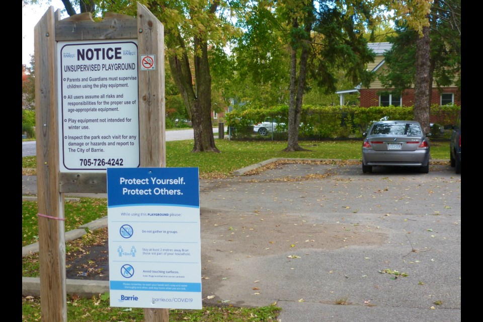 Shear Park’s playground, tennis courts, community gardens and ball park are all open again, but the COVID-19 sign remains. The City of Barrie shut down most of its facilities when the pandemic hit last April. Bob Bruton/BarrieToday