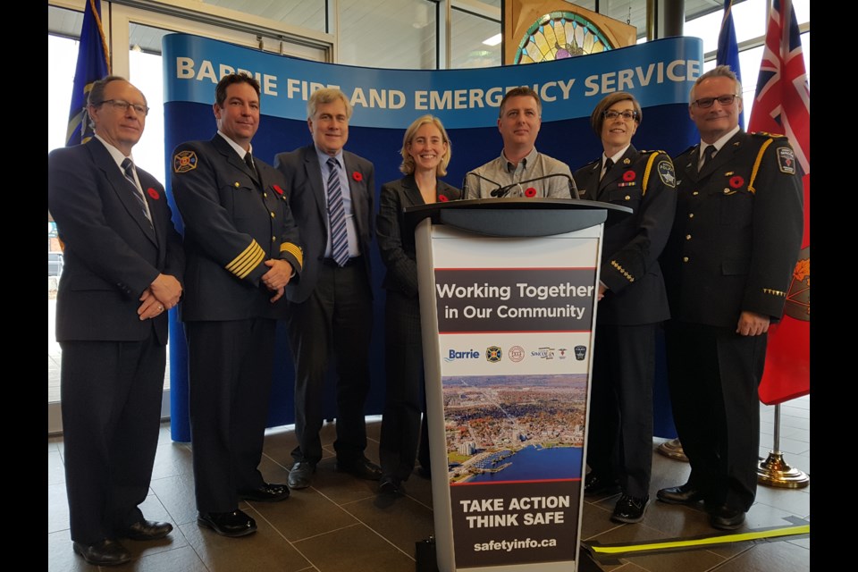 Left to right: John Marshall (TSSA director), Cory Mainprize (Barrie Fire chief), deputy mayor Barry Ward, Alexandra Campbell (TSSA vice president), Gord Bashford, Kimberley Greenwood (Barrie Police Chief), Andrew Robert (Director and chief of County of Simcoe Paramedic Services) join together for safety blitz announcement, Wednesday Nov. 6, 2019. Shawn Gibson/BarrieToday