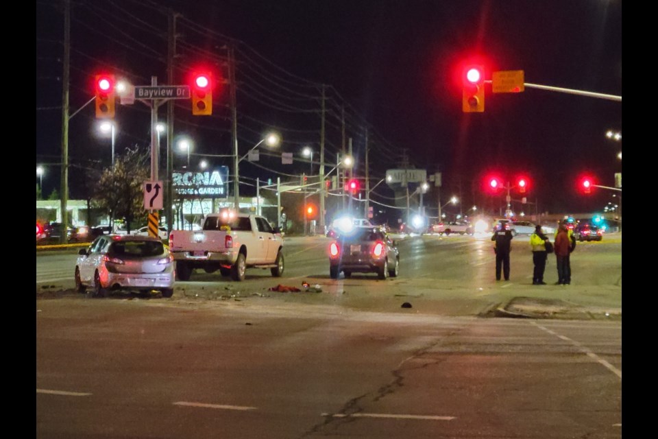Multiple pedestrians were struck in a collision at the intersection of Mapleview Drive and Bayview Drive in south-end Barrie on Thursday, Dec. 1, 2022.