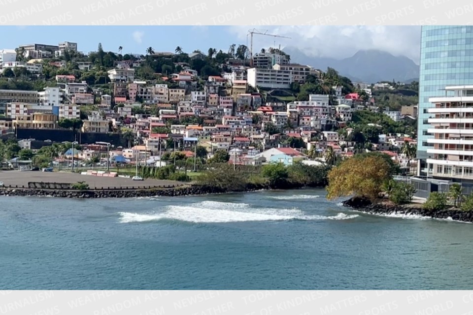 Fort de France, Martinique is shown in a view from the sea while approaching the harbour.