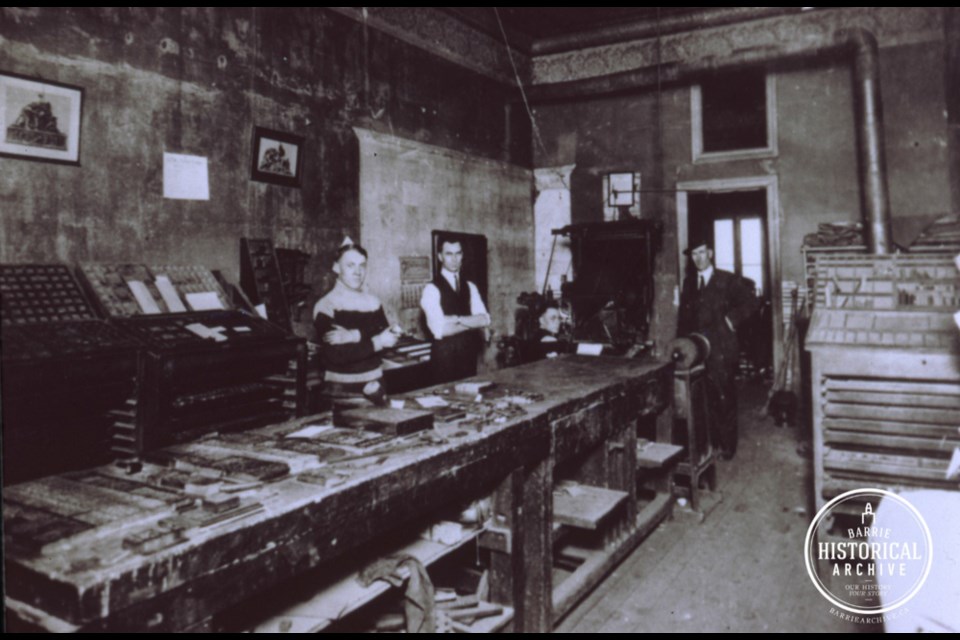 Interior of a printing office on Dunlop Street around 1890.