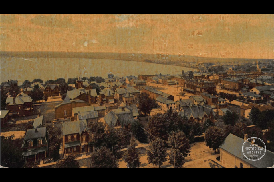 A postcard view of Barrie from the jailhouse. Little, other than Collier Street United Church, remains from this scene.