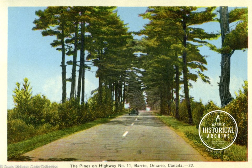 A postcard showing Highway 11 south of Barrie in quieter times.