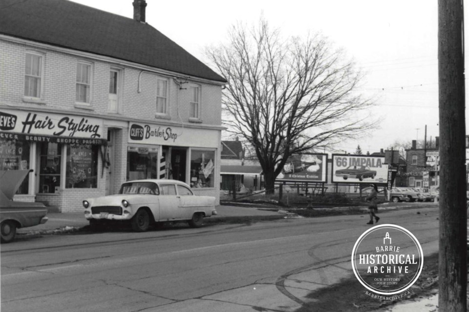 Cliff’s Barber Shop, next to the railway tracks on Essa Road, as seen in 1965.