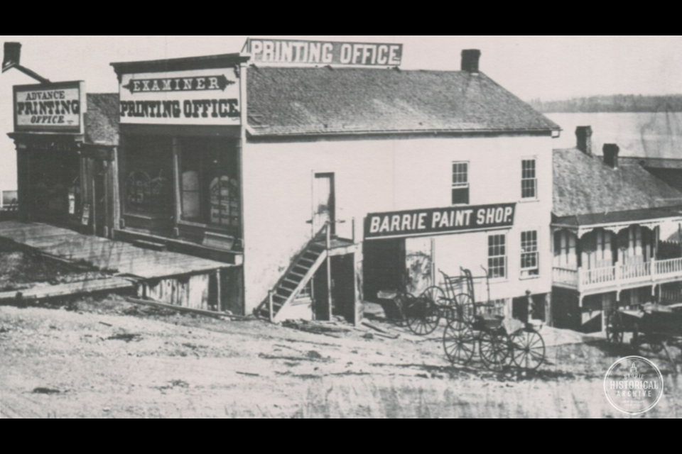 Two rival news publications, the Barrie Examiner and the Northern Advance, once operated next door to each other on Dunlop Street at Mulcaster Street. Photo from 1876.