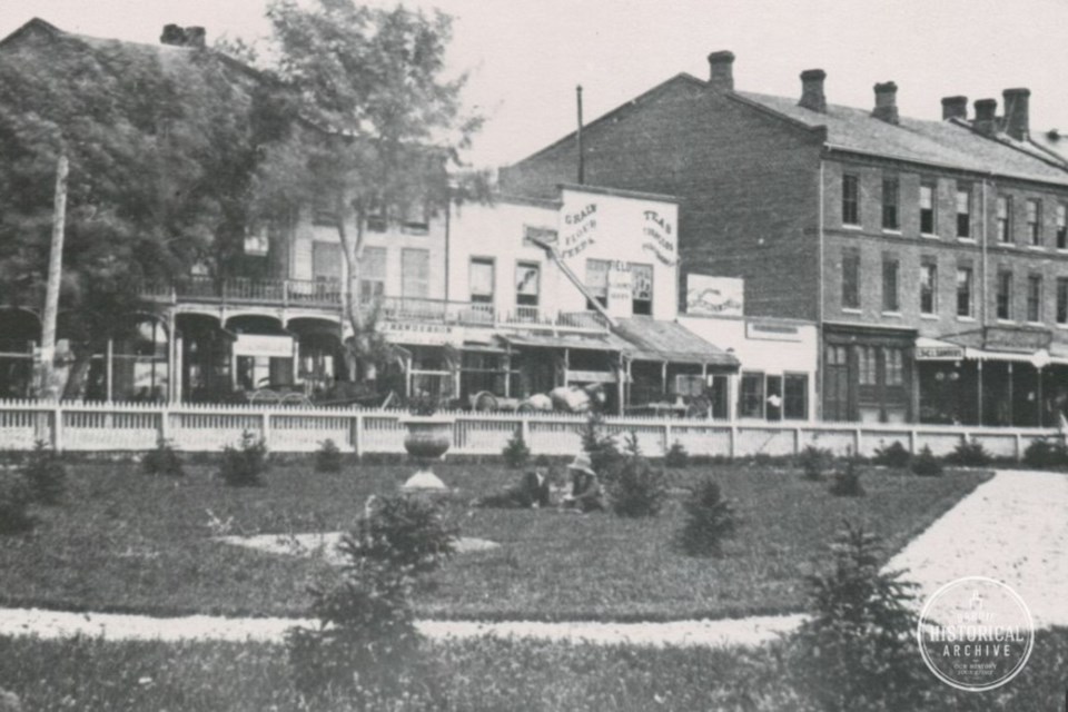 The offices of Lount and Boulton, lawyers for Robinson Moore, were located in the McConkey building on Dunlop Street East, shown on the far right in the 1870s.