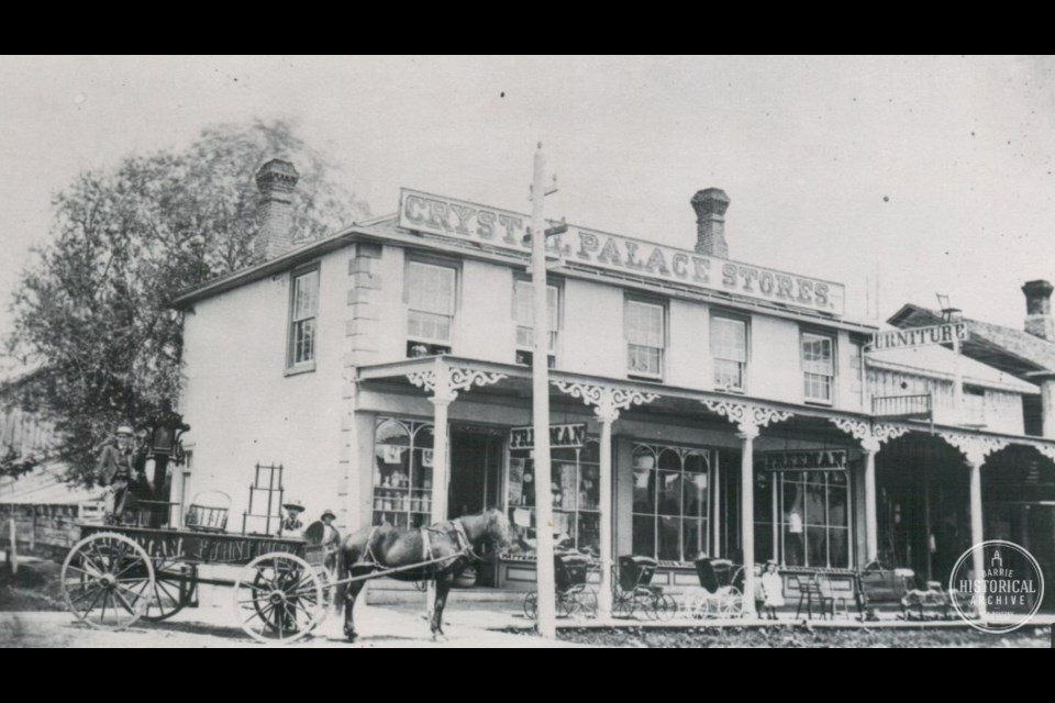 Freeman's Crystal Palace on the northeast corner of John Street (now Maple Avenue) and Elizabeth Street (now Dunlop Street West) is shown circa 1875.