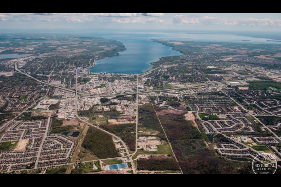 An aerial view of Kempenfelt Bay, looking east toward the rest of Lake Simcoe, in 2016.
