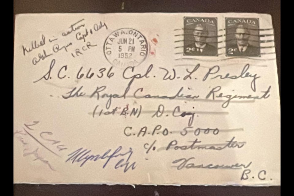 A letter from Cpl. Wycliffe Leslie Presley, written in 1952, was returned.