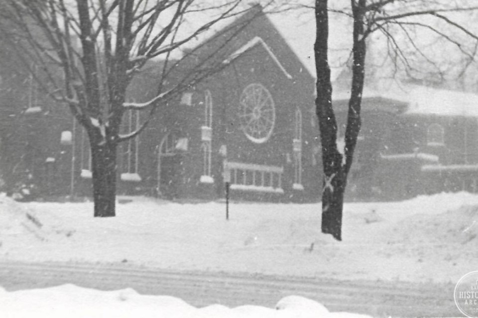 Collier Street United Church in winter, before 1976. 