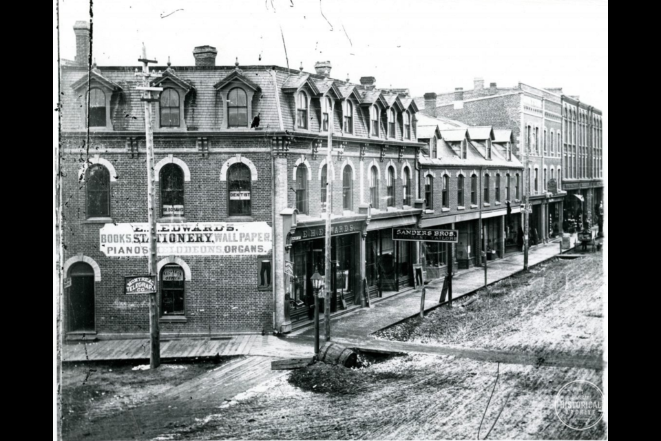 Dr. Bosanko's sign is visible in the upper window of the east end of the Glebe Block, circa 1888. Photo courtesy of the Barrie Historical Archive. 