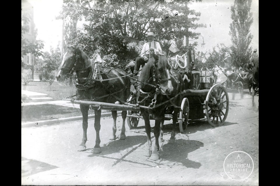 Steam pumper truck in parade for Barrie's 60th Anniversary 1913. Photo courtesy of the Barrie Historical Archive. 