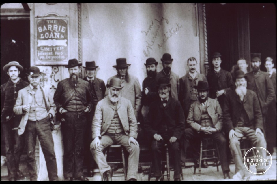 A gathering of Dunlop Street merchants, circa 1880, including a young Walter Scott second from the right. Photo courtesy of the Barrie Historical Archive