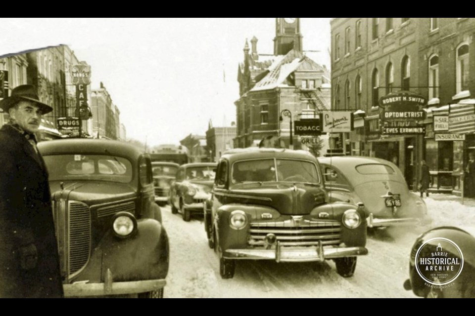Dunlop Street East looking east between Five Points and the old Post Office circa 1945. Photo courtesy of the Barrie Historical Archive