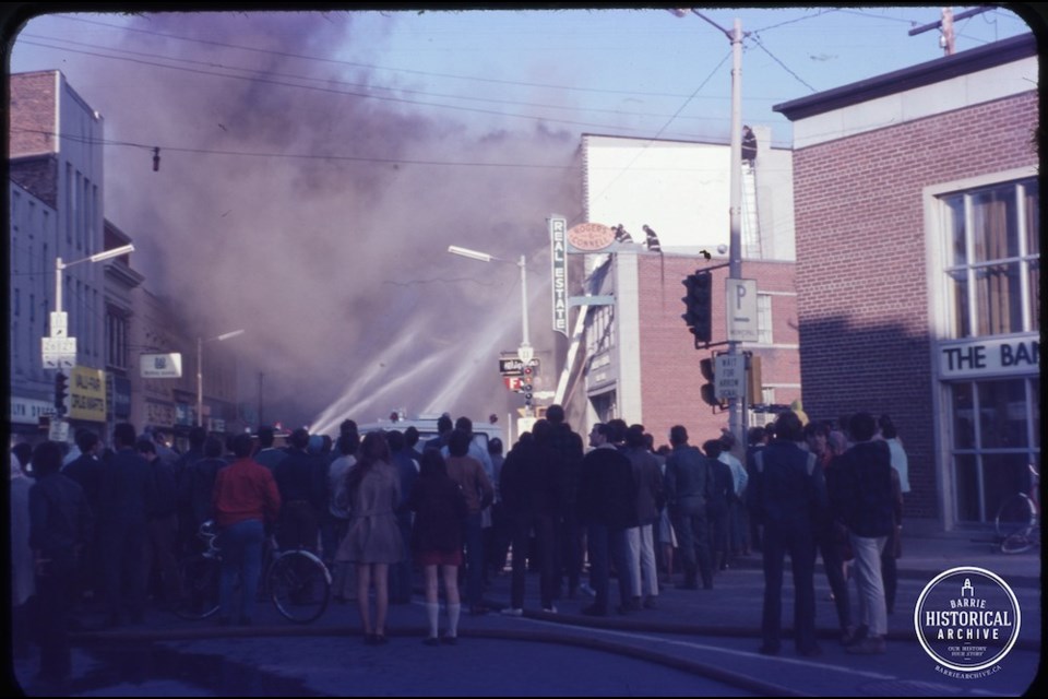 Firefighters trying to stop the flames at Five Points on April 23, 1970. Photo courtesy of the Barrie Historical Archive