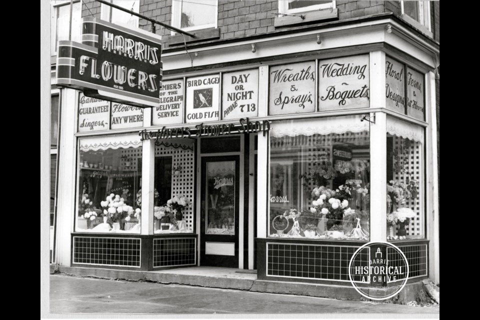 Birds and fish for sale at Harris Flowers, 99 Dunlop St. E., in the 1950s.